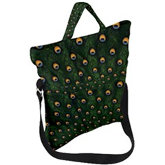 Peacock Feathers Tail Green Beautiful Bird Fold Over Handle Tote Bag by Ndabl3x