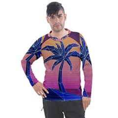 Abstract 3d Art Holiday Island Palm Tree Pink Purple Summer Sunset Water Men s Pique Long Sleeve T-shirt