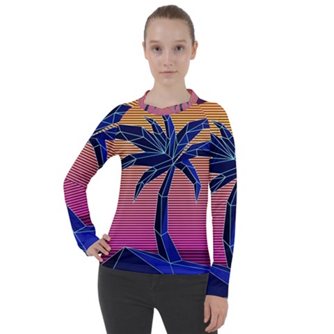 Abstract 3d Art Holiday Island Palm Tree Pink Purple Summer Sunset Water Women s Pique Long Sleeve T-shirt by Cemarart