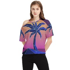 Abstract 3d Art Holiday Island Palm Tree Pink Purple Summer Sunset Water One Shoulder Cut Out T-shirt by Cemarart