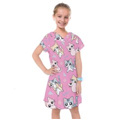 Cute Animal Little Cat Seamless Pattern Kids  Drop Waist Dress