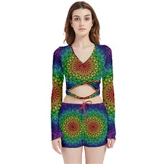 Rainbow Mandala Abstract Pastel Pattern Velvet Wrap Crop Top And Shorts Set by Grandong