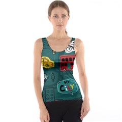 Seamless Pattern Hand Drawn With Vehicles Buildings Road Women s Basic Tank Top