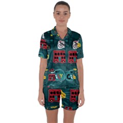 Seamless Pattern Hand Drawn With Vehicles Buildings Road Satin Short Sleeve Pajamas Set by Grandong