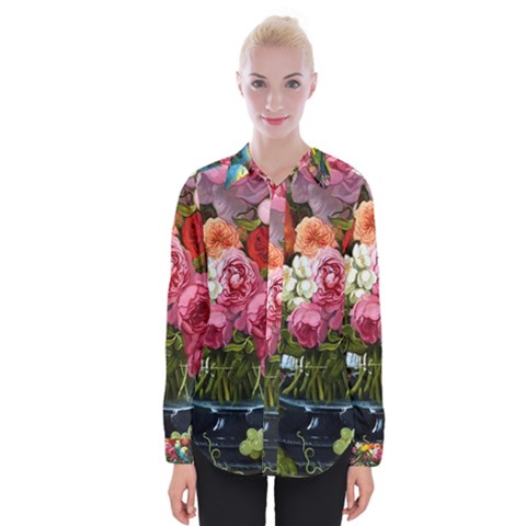 Flower And Parrot Art Flower Painting Womens Long Sleeve Shirt by Cemarart