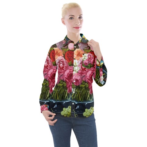 Flower And Parrot Art Flower Painting Women s Long Sleeve Pocket Shirt by Cemarart