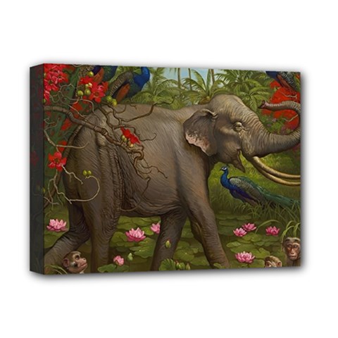 Jungle Of Happiness Painting Peacock Elephant Deluxe Canvas 16  X 12  (stretched)  by Cemarart