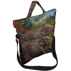 Jungle Of Happiness Painting Peacock Elephant Fold Over Handle Tote Bag by Cemarart
