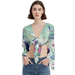 Peacock Parrot Bird Pattern Exotic Summer Green Flower Jungle Paradise Trumpet Sleeve Cropped Top