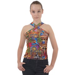 Arabian Street Art Colorful Peacock Tiger Man Parrot Horse Dancer Fantasy Cross Neck Velour Top by Cemarart