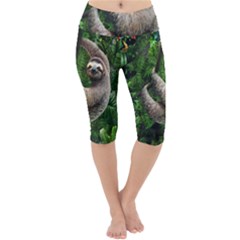 Sloth In Jungle Art Animal Fantasy Lightweight Velour Cropped Yoga Leggings by Cemarart