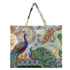 Royal Peacock Feather Art Fantasy Zipper Large Tote Bag by Cemarart