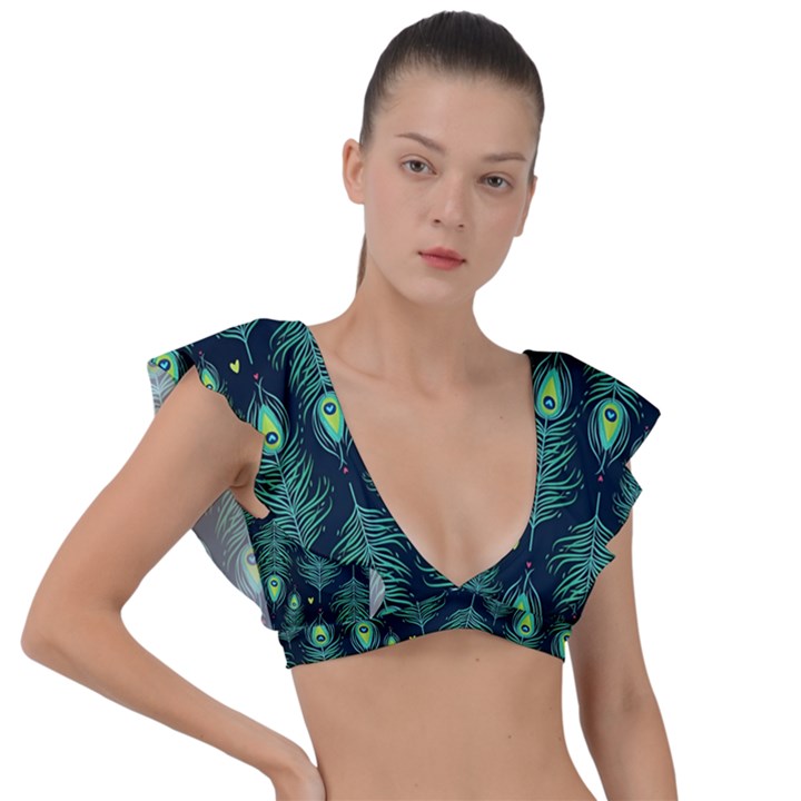 Peacock Pattern Plunge Frill Sleeve Bikini Top