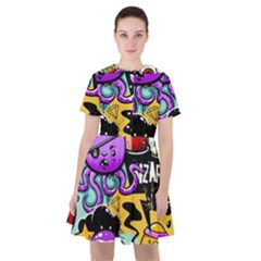 Cartoon Graffiti, Art, Black, Colorful Sailor Dress by nateshop