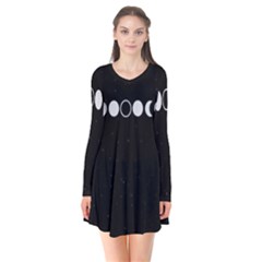 Moon Phases, Eclipse, Black Long Sleeve V-neck Flare Dress by nateshop