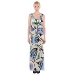 Bird Floral Blue Flower Retro Seamless Pattern Thigh Split Maxi Dress by Cemarart