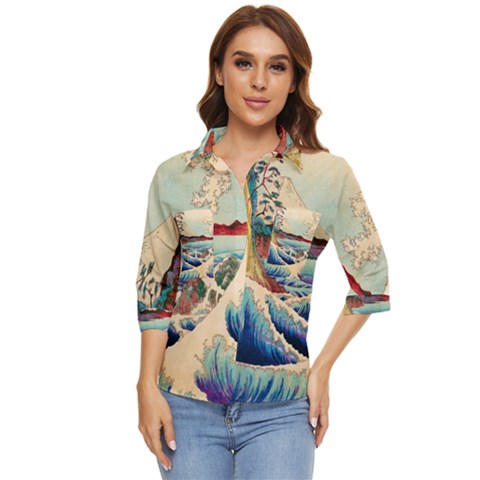 Wave Japanese Mount Fuji Women s Quarter Sleeve Pocket Shirt by Grandong