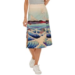 Wave Japanese Mount Fuji Midi Panel Skirt by Grandong