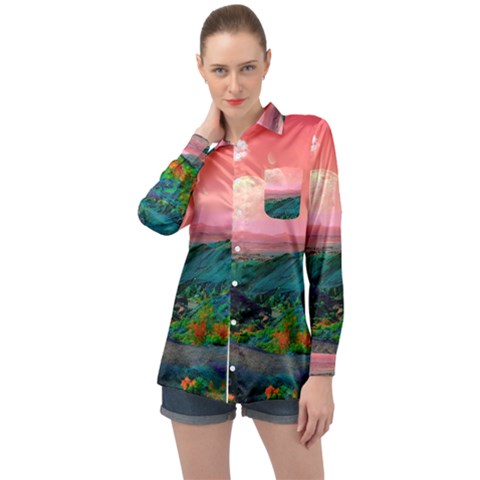 Unicorn Valley Aesthetic Clouds Landscape Mountain Nature Pop Art Surrealism Retrowave Long Sleeve Satin Shirt by Cemarart