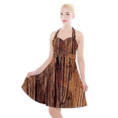 Brown Wooden Texture Halter Party Swing Dress  by nateshop