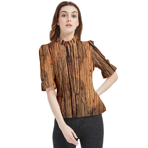 Brown Wooden Texture Frill Neck Blouse by nateshop