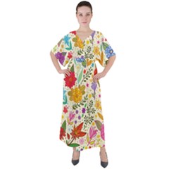 Colorful Flowers Pattern, Abstract Patterns, Floral Patterns V-neck Boho Style Maxi Dress by nateshop
