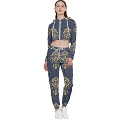 Floral Damask Pattern Texture, Damask Retro Background Cropped Zip Up Lounge Set by nateshop