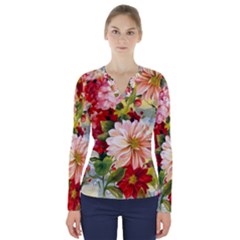 Painted Flowers Texture, Floral Background V-neck Long Sleeve Top by nateshop