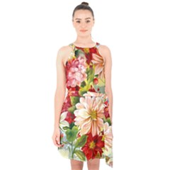 Painted Flowers Texture, Floral Background Halter Collar Waist Tie Chiffon Dress by nateshop