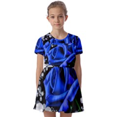 Blue Rose Bloom Blossom Kids  Short Sleeve Pinafore Style Dress by Proyonanggan