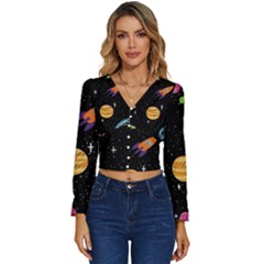 Space Cartoon, Planets, Rockets Long Sleeve V-neck Top by nateshop