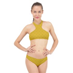 Yellow Floral Pattern Vintage Pattern, Yellow Background, High Neck Bikini Set by nateshop