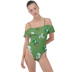 Yoshi Print, Super, Huevo, Game, Green, Egg, Mario Frill Detail One Piece Swimsuit by nateshop