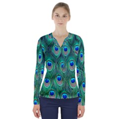 Feather, Bird, Pattern, Peacock, Texture V-neck Long Sleeve Top by nateshop