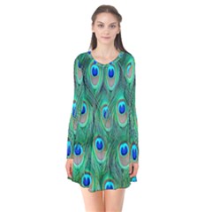 Feather, Bird, Pattern, Peacock, Texture Long Sleeve V-neck Flare Dress by nateshop