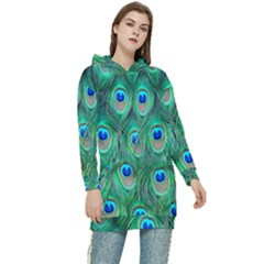 Feather, Bird, Pattern, Peacock, Texture Women s Long Oversized Pullover Hoodie by nateshop