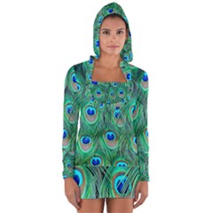 Peacock Feathers, Bonito, Bird, Blue, Colorful, Feathers Long Sleeve Hooded T-shirt by nateshop