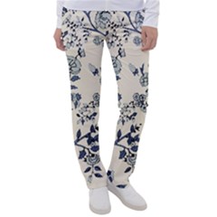 Blue Vintage Background, Blue Roses Patterns Women s Casual Pants by nateshop