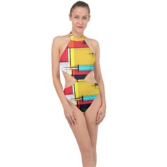 Multicolored Retro Abstraction, Lines Retro Background, Multicolored Mosaic Halter Side Cut Swimsuit by nateshop