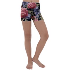 Retro Texture With Flowers, Black Background With Flowers Kids  Lightweight Velour Yoga Shorts by nateshop