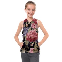 Retro Texture With Flowers, Black Background With Flowers Kids  Sleeveless Hoodie by nateshop