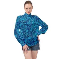 Blue Floral Pattern Texture, Floral Ornaments Texture High Neck Long Sleeve Chiffon Top by nateshop