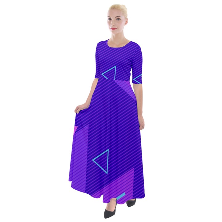Purple Geometric Abstraction, Purple Neon Background Half Sleeves Maxi Dress
