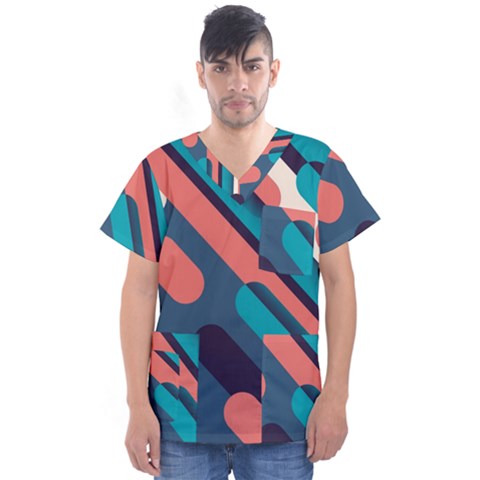 Blue Geometric Background, Abstract Lines Background Men s V-neck Scrub Top by nateshop