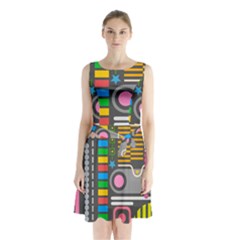 Pattern Geometric Abstract Colorful Arrows Lines Circles Triangles Sleeveless Waist Tie Chiffon Dress