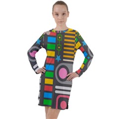 Pattern Geometric Abstract Colorful Arrows Lines Circles Triangles Long Sleeve Hoodie Dress by Grandong