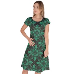 Green Damask Pattern Vintage Floral Pattern, Green Vintage Classic Short Sleeve Dress by nateshop