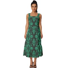 Green Damask Pattern Vintage Floral Pattern, Green Vintage Square Neckline Tiered Midi Dress by nateshop
