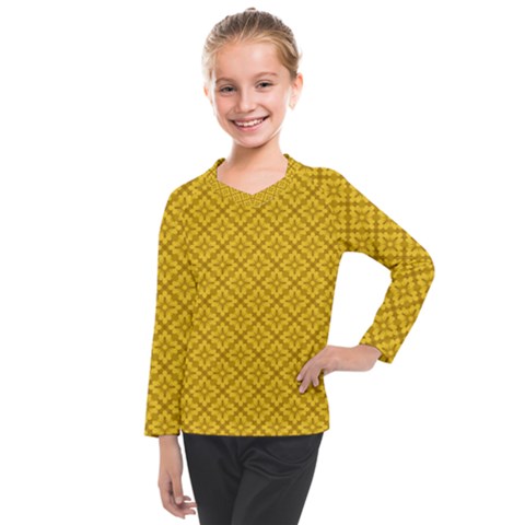 Yellow Floral Pattern Vintage Pattern, Yellow Background Kids  Long Mesh T-shirt by nateshop