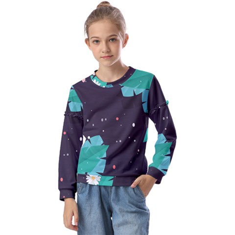 Leaves Flowers Border Frame Floral Kids  Long Sleeve T-shirt With Frill  by Grandong